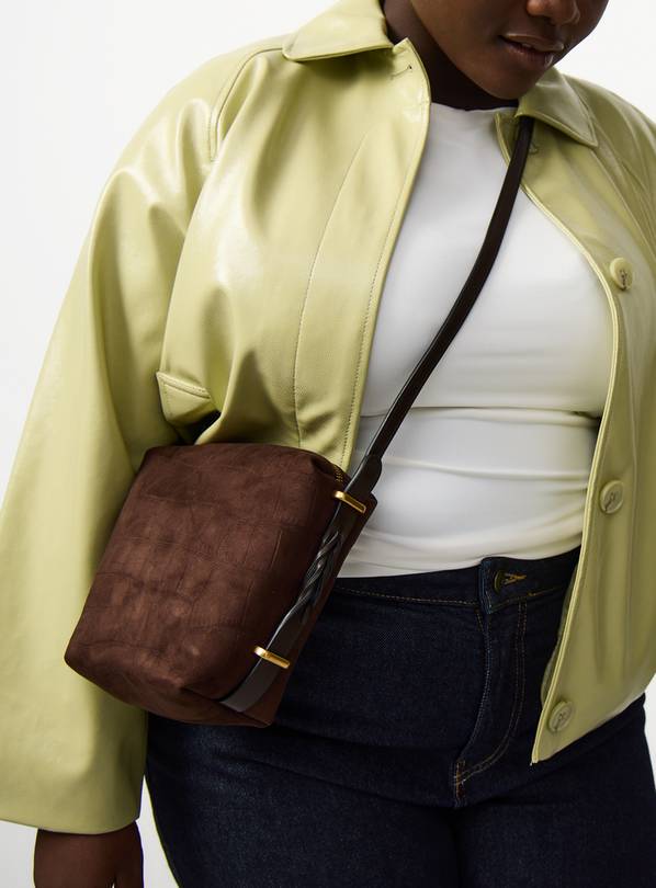 Dark Brown Faux Croc Print Crossbody Bag One Size
